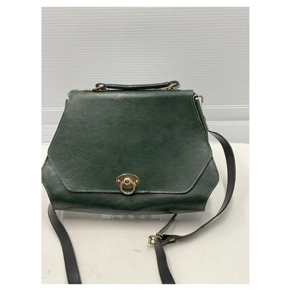 Vintage Gold Dragon Forest Green Leather‎ Satchel Crossbody Bag Retro 1980s